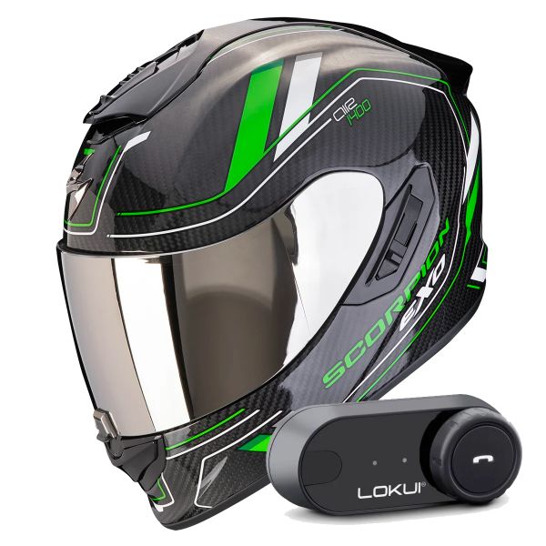 Integral Scorpion Exo 1400 Evo II Carbon Air Mirage Black Green + Kit Bluetooth Lokui K30