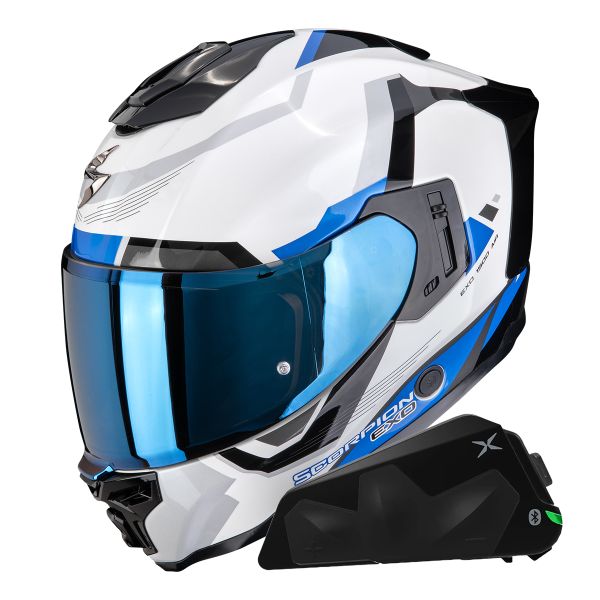 Integral Scorpion Exo 1500 Air Arena White Blue + Kit bluetooth Exo-Com Link-1C