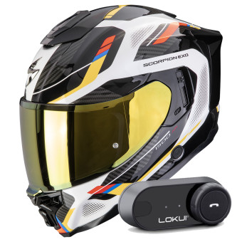 Casque Integral Scorpion Exo 1500 Air Sleek White Blue Yellow + Kit Bluetooth Lokui K30 Casque Integral Scorpion Exo 1500 Air Sleek White Blue Yellow + Kit Bluetooth Lokui K30