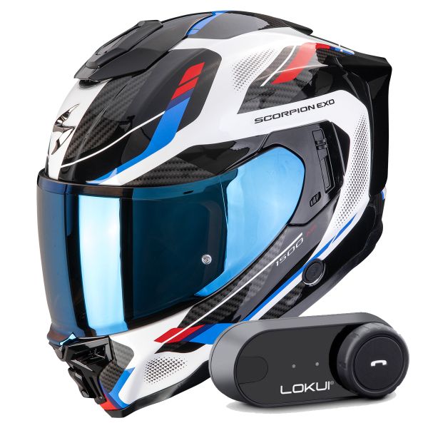 Integral Scorpion Exo 1500 Air Sleek White Red Blue + Kit Bluetooth Lokui K30