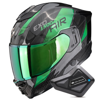Casque Integral Scorpion Exo 1500 Carbon Air Platted Black Green + Kit Bluetooth BT Mini Casque Integral Scorpion Exo 1500 Carbon Air Platted Black Green + Kit Bluetooth BT Mini