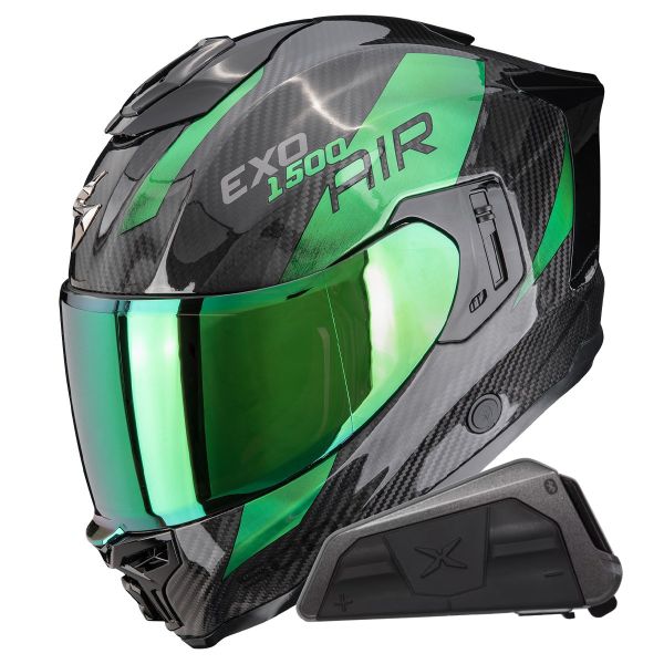 Integral Scorpion Exo 1500 Carbon Air Platted Black Green + Kit bluetooth Exo-Com Link-1