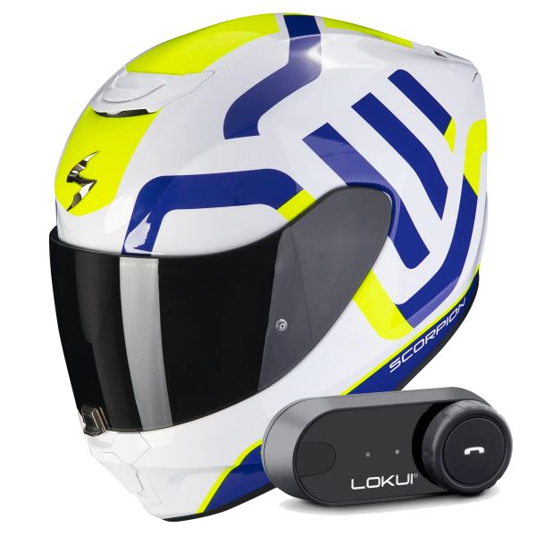 Integral Scorpion Exo 391 Arok White Blue Neon Yellow + Kit Bluetooth Lokui K30