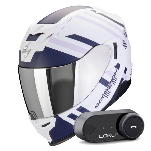 Integral Scorpion Exo 520 Evo Air Banshee Matt White Blue Purple + Kit Bluetooth Lokui K30