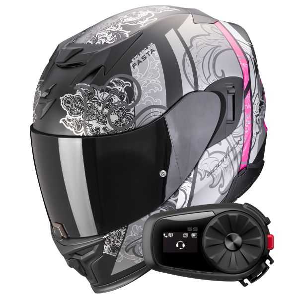 Integral Scorpion Exo 520 Evo Air Fasta Matt Black Silver Pink + Kit Bluetooth 5S Solo