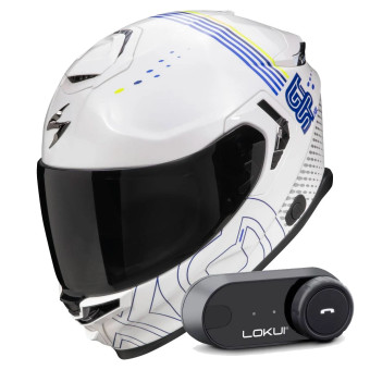 Integral Scorpion Exo GT SP Air Techlane White Blue Yellow fluo + Kit Bluetooth Lokui K30