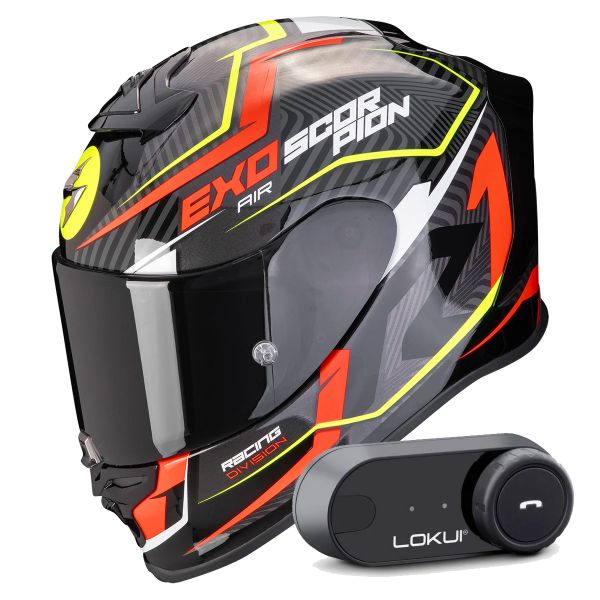 Integral Scorpion Exo R1 Evo Air Coup Black Red Yellow Fluo + Kit Bluetooth Lokui K30