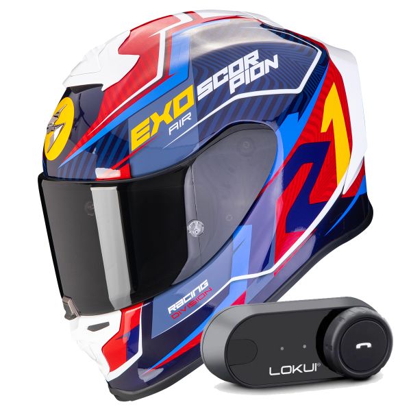Integral Scorpion Exo R1 Evo Air Coup Blue Red Yellow + Kit Bluetooth Lokui K30