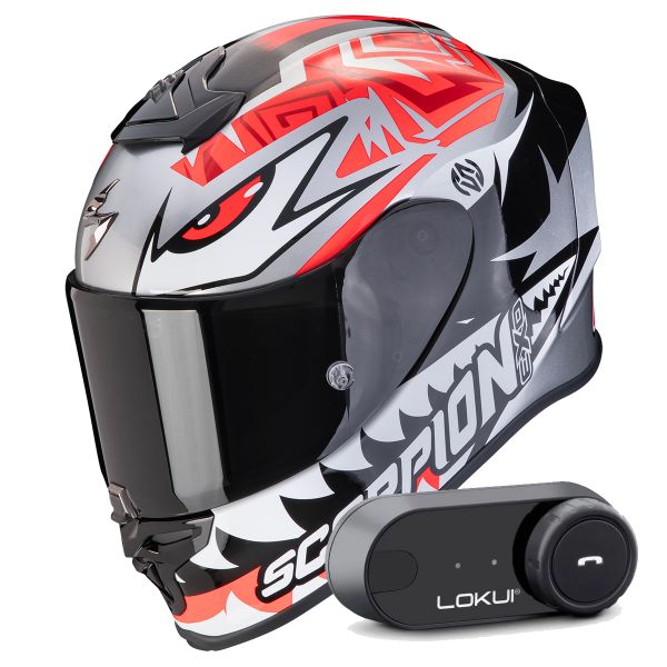Integral Scorpion Exo R1 Evo Air Zaccone Silver Black Red + Kit Bluetooth Lokui K30