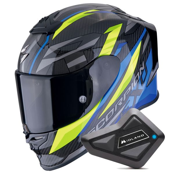 Integral Scorpion Exo R1 Evo Carbon Air Runner Black Blue Yellow + Kit Bluetooth BT Mini