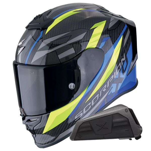 Integral Scorpion Exo R1 Evo Carbon Air Runner Blue Yellow + Kit bluetooth Exo-Com Link-1