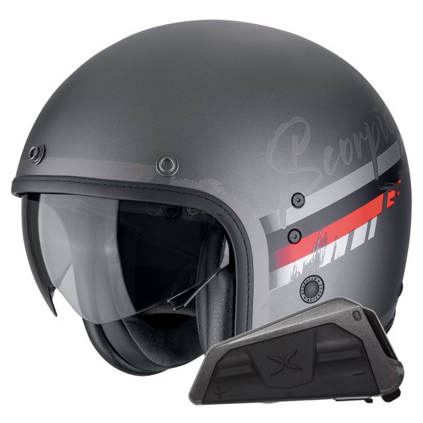 Jet Scorpion Belfast Evo Adonis Silver Mat Red + Bluetooth Kit Exo-Com Link-1 Jet Scorpion Belfast Evo Adonis Silver Mat Red + Bluetooth Kit Exo-Com Link-1