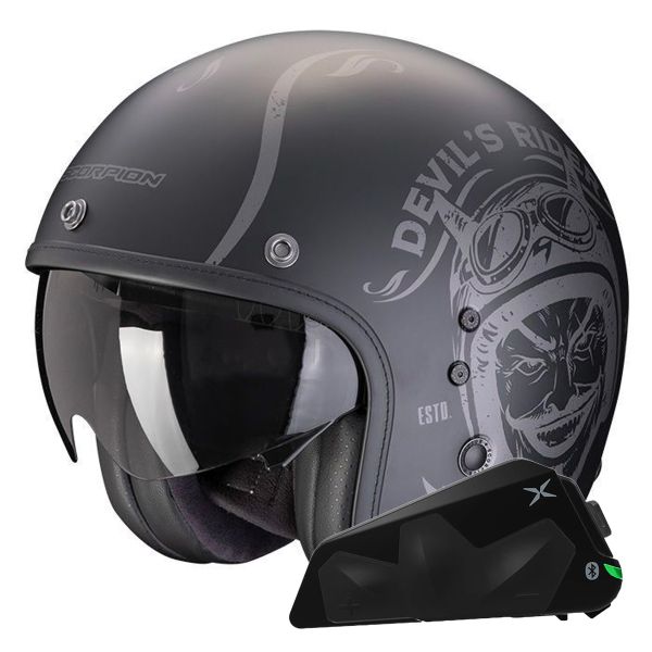 Jet Scorpion Belfast Evo Romeo Matt Black Silver + Bluetooth-Kit Exo-Com Link-1C