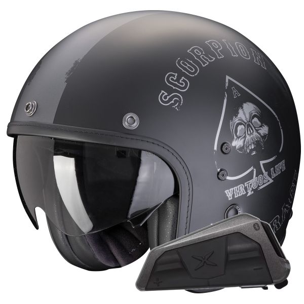 Jet Scorpion Belfast Evo Spade Matt Black Silver + Bluetooth Kit Exo-Com Link-1 Jet Scorpion Belfast Evo Spade Matt Black Silver + Bluetooth Kit Exo-Com Link-1