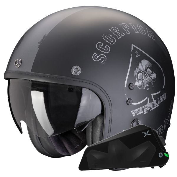 Jet Scorpion Belfast Evo Spade Matt Black Silver + Bluetooth Kit Exo-Com Link-1C Jet Scorpion Belfast Evo Spade Matt Black Silver + Bluetooth Kit Exo-Com Link-1C