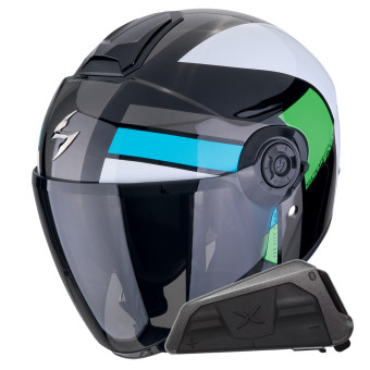 Casque Jet Scorpion Exo City II Blur Black White Green + Bluetooth-Kit Exo-Com Link-1 Casque Jet Scorpion Exo City II Blur Black White Green + Bluetooth-Kit Exo-Com Link-1