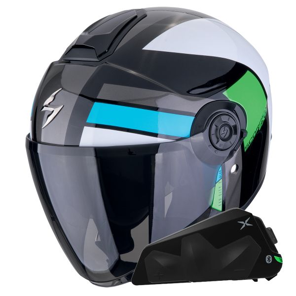 Jet Scorpion Exo City II Blur Black White Green + Bluetooth-Kit Exo-Com Link-1C