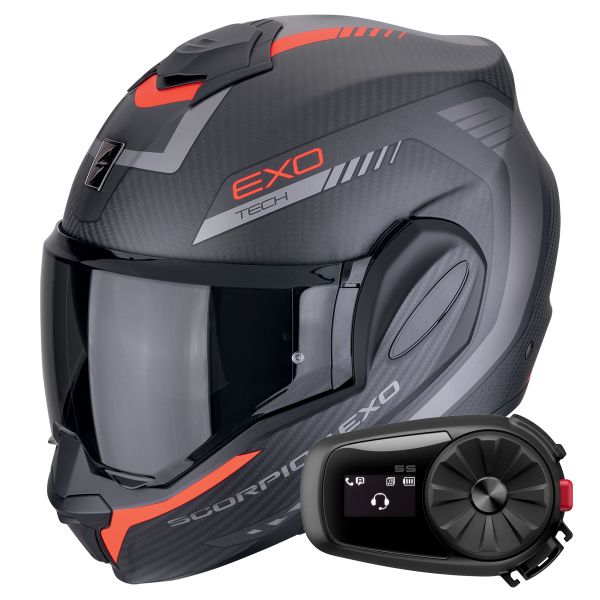 Klapp Scorpion Exo Tech Evo Carbon Cosy Matt Black Red + Kit Bluetooth 5S Solo Klapp Scorpion Exo Tech Evo Carbon Cosy Matt Black Red + Kit Bluetooth 5S Solo