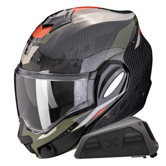 Casque Klapp Scorpion Exo Tech Evo Carbon Rover Black Green + Kit bluetooth Exo-Com Link-1 Casque Klapp Scorpion Exo Tech Evo Carbon Rover Black Green + Kit bluetooth Exo-Com Link-1