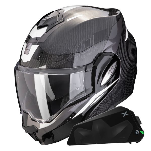 Klapp Scorpion Exo Tech Evo Carbon Rover Black White + Kit bluetooth Exo-Com Link-1C