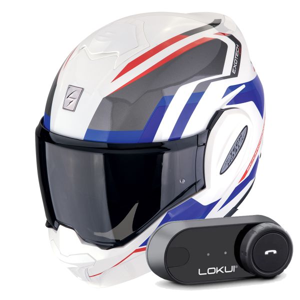 Klapp Scorpion Exo Tech Evo Furio White Red Blue + Kit Bluetooth Lokui K30