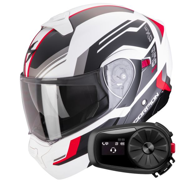 System Scorpion Exo 930 Evo Sikon Matt White Black Red + Kit Bluetooth 5S Solo