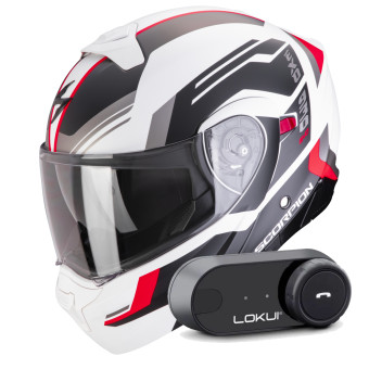 Casque System Scorpion Exo 930 Evo Sikon Matt White Black Red + Kit Bluetooth Lokui K30 Casque System Scorpion Exo 930 Evo Sikon Matt White Black Red + Kit Bluetooth Lokui K30