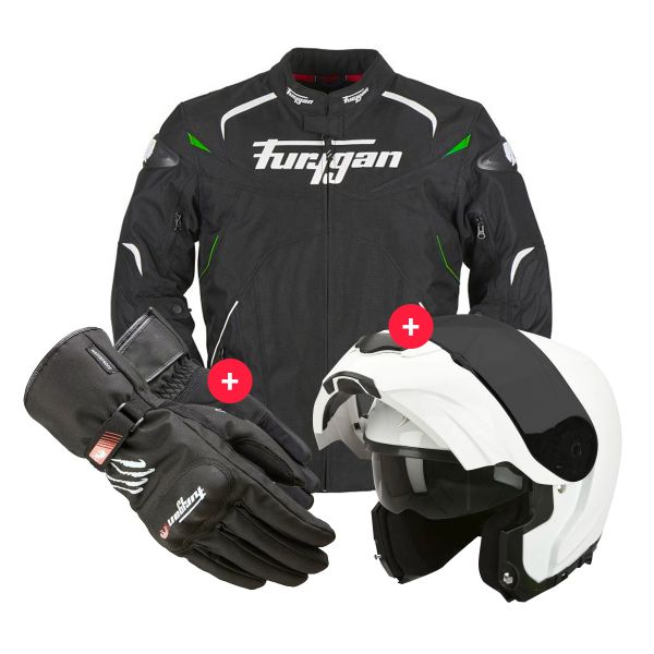 Motorradjacke Furygan Narval Black White Green + EXO 3000 Air White + Keen Black White