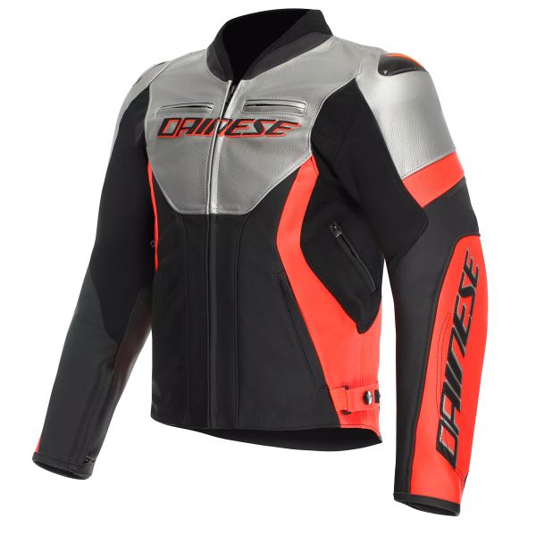 Motorradjacke Dainese Racing 5 Leather Silver Black Red Fluo