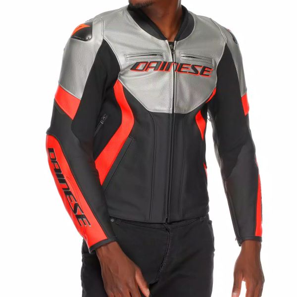 Dainese Racing 5 Leather Silver Black Red Fluo