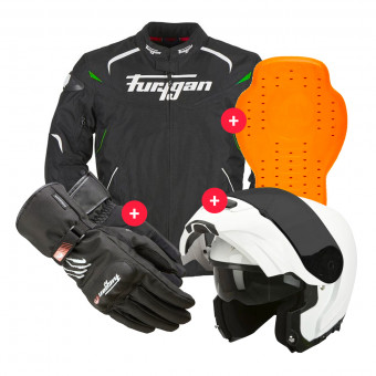 Motorradjacke Furygan Narval Black White Green + EXO 3000 Air White + Keen + Back Protector D3