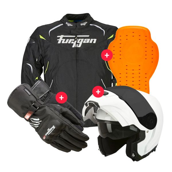 Motorradjacke Furygan Narval Black White Yellow + EXO 3000 Air White + Keen + Back Protector D