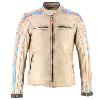 Motorradjacke Helstons Clubman Leather Beige Orange Sky Blue