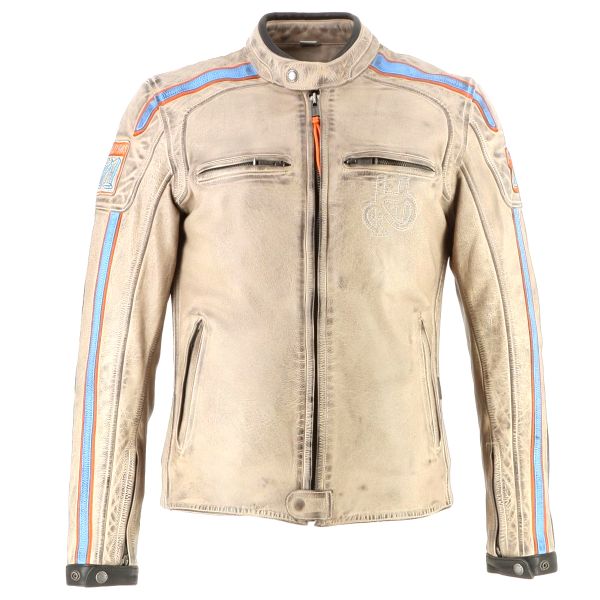 Motorradjacke Helstons Clubman Leather Beige Orange Sky Blue