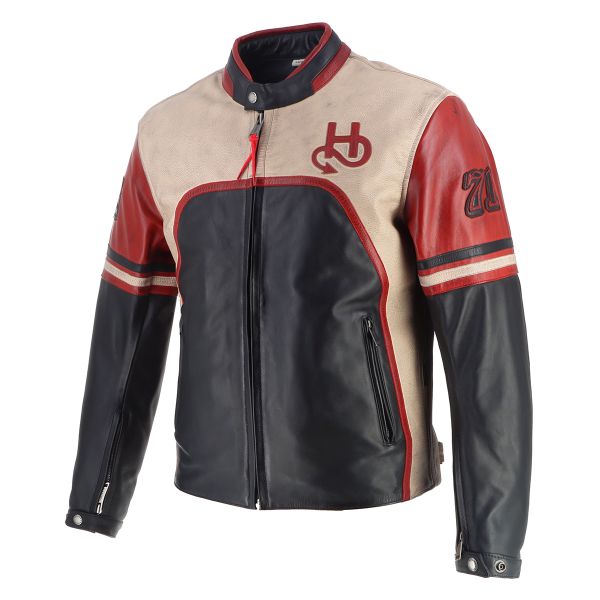 Motorradjacke Helstons Indianapolis Leather Schwarz Beige Rot