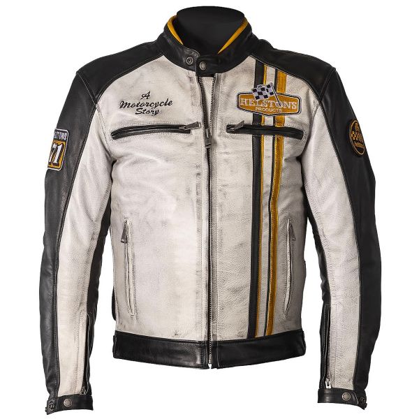 Motorradjacke Helstons Indy Leather Rag Black White Yellow