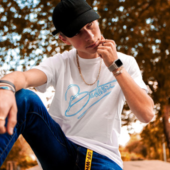 Motorrad T-Shirts 100% Bitume Art Letter White Neon Blue Tee Motorrad T-Shirts 100% Bitume Art Letter White Neon Blue Tee